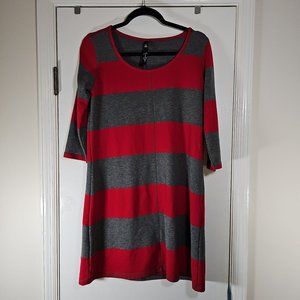 Jessica Simpson 3/4" Sleeved Red/Gray Stripe  Polyester Blend Dress-Size: Medium